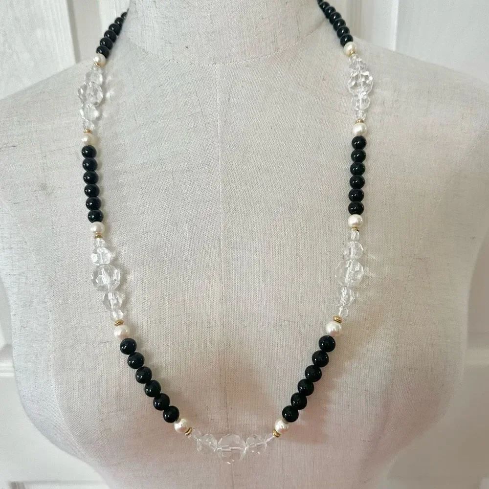 Marvella black faux pearl long beaded necklace